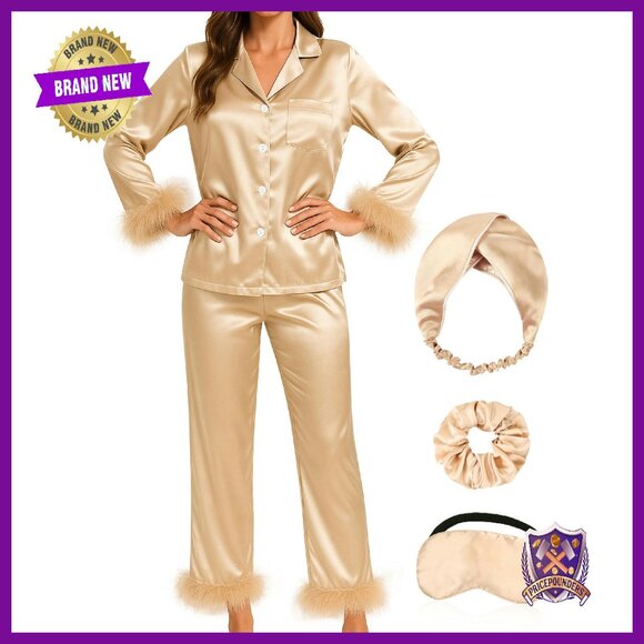 Silk Pajama Set with Feather Trim Long Sleeve Button Down